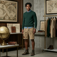 Pantalones Cortos Cargo para Hombre con Estampado de Mapa Mundial Vintage y Logotipo Personalizado - Pantalones Cortos de Viaje de Sarga de Algodón Caqui Lavado Retro con Parche de Cuero OEM