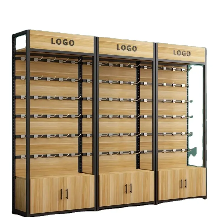 Estantería de madera personalizada estante de exhibición de madera de supermercado estantes al por menor con LED estante de tienda de comestibles