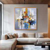 Art mural abstrait de ville peint à la main, peinture à l'huile au couteau avec feuille d'or, cadre pour décoration maison hôtel