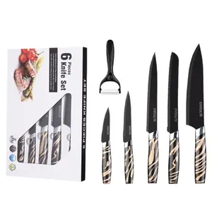 批发6件厨师刀套装黑色菜刀不锈钢日本厨房供应商刀