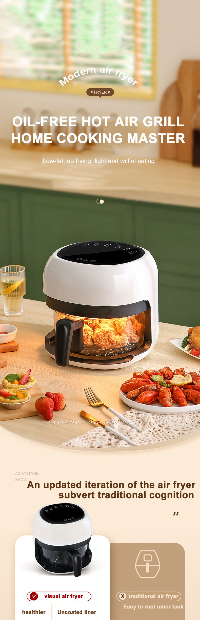 Intelligent Air Fryer Household Transparent Glass Visual Window Oil Smoke Free Fried Chicken Wings Air Fryer Toaster Oven OEM