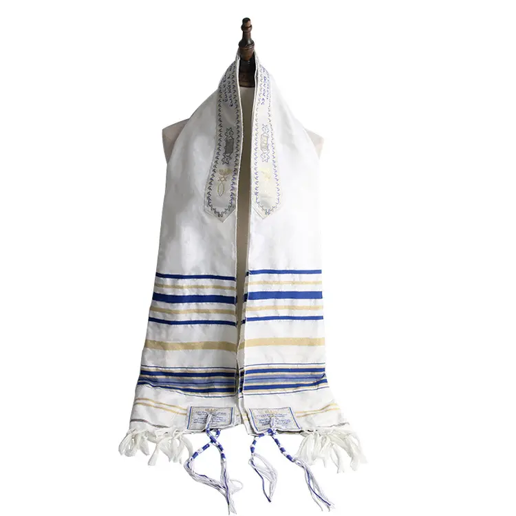 High quality classic ethnic Judaism handmade jacquard stripe polyester yarn scarf israel style men prayer shawl in the morning