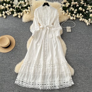 Women's <b>Vintage</b> Lace Panel Mini Chiffon Dress Long Lantern Sleeve Stand Collar Tie Waist Button Front A-Line Casual Dress - Product Image 3
