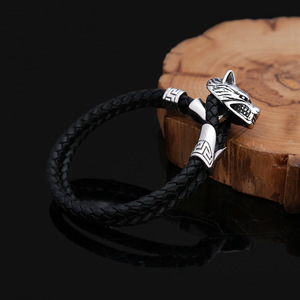 Yunnique Pulsera trenzada de cuero genuino para hombre, joyería de plata tibetana con cabeza de león, regalo del zodiaco animal, circunferencia interior de 205mm - Product Image 3
