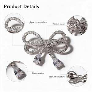 Elegante Broche de Lazo con Circonitas Pavé en Forma de Pera, Acabado en Tono Plateado, para Decoración de Ropa, Accesorio de Moda para Mujer - Product Image 4