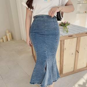 Falda vaquera de talla grande para mujer, cintura alta, elástica, con abertura de cola de pez, color liso, estilo trompeta sirena N8313 - Product Image 3