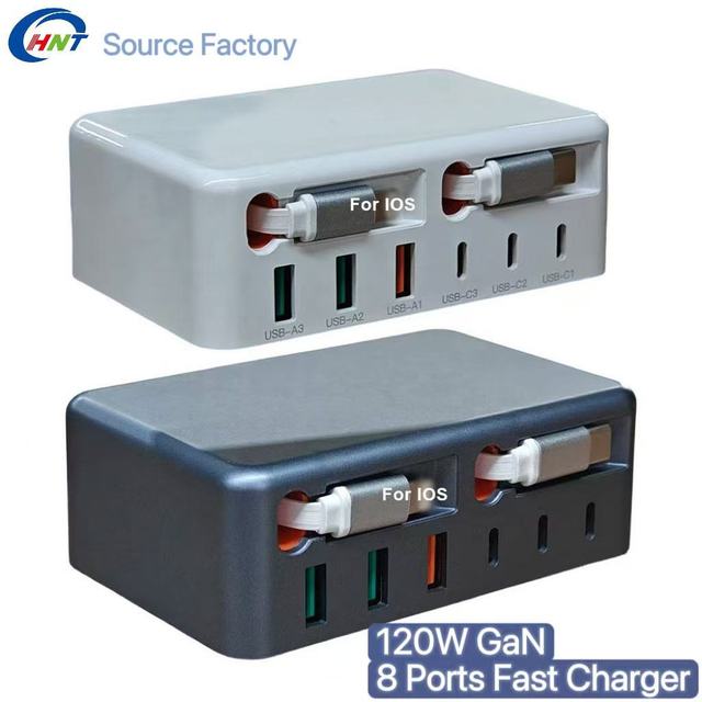 120W 8 Ports GaN PD Charger QC3.0 Universal Travel Adapter with Retractable USB-C Cable Multi USB A+C Fast Charger