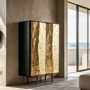 Credenza Alta con Foglia d'Oro Texturizzata, Struttura in Fibra di Vetro, Gambe in Legno, Armadio con Doppia Anta per Sala da Pranzo in Stile Wabi Sabi - Product Image 5