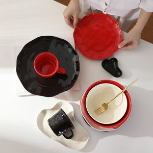 Customized Professional Solid Color Minimalist Design Portable <b>Dinner</b> <b>Set</b> Red <b>Black</b> White Embossed Ceramic Tableware Dishwasher - Product Image 4