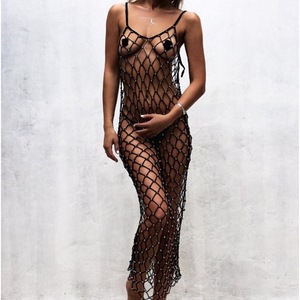 Robe de plage longue en crochet ajouré avec perles brillantes, cache-maillot de bain, paréo, tenue de plage pour femme - Product Image 2