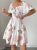 Vestido Midi para Mujer con Estampado Floral, Elegante, Transpirable, Lavable, Cintura Natural, Corte en A, Holgado, Cuello Cuadrado, Manga Corta, Informal