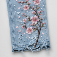 Ensemble survêtement streetwear personnalisé : sweat à capuche oversize zippé et pantalon de survêtement coupe droite, en denim déchiré, avec impression DTG et broderie de patchs