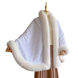 Cape châle poncho pour femme en sequins scintillants d'hiver de luxe, chaud, épais, pour soirée, col en fausse fourrure, châles - Product Image 6