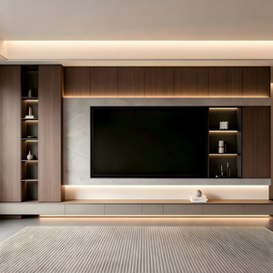 Residenza Minimalista con Soggiorno Integrato a Parete Intera, Dotato di Consolle Sospesa e Mobile TV con Illuminazione LED - Product Image 1