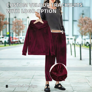New <b>Plain</b> Winter Breathable Hooded 100% Cotton Velour Velvet <b>Tracksuits</b> Custom Logo Blank Luxury Sportswear Elastic Waist - Product Image 2