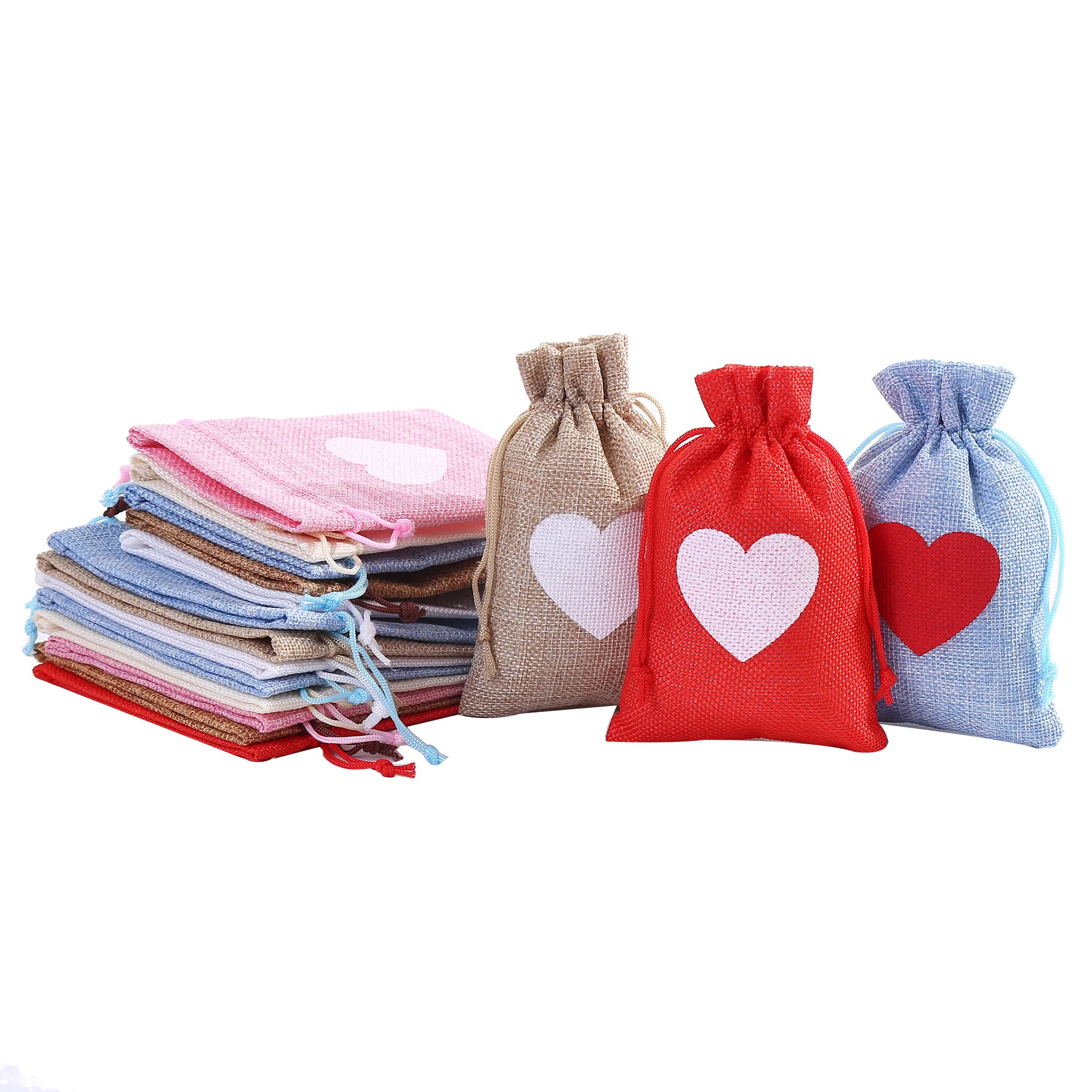 New Style 10*14 Drawstring Linen Gift Pouch Favor Gift Heart Shaped Linen Small Cloth Bag For Valentine'S Day Jewelry
