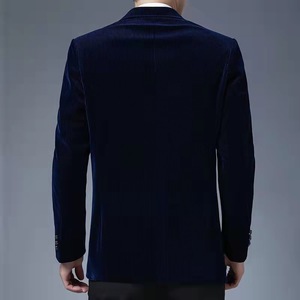 Blazer da <span class=keywords><strong>Uomo</strong></span> in Velluto a Coste Blu Gioiello con Colletto alla Coreana, Monopetto, Righe Verticali Blu, Stile <span class=keywords><strong>Elegante</strong></span> e di Alta Gamma - Product Image 2