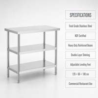 Table de préparation commerciale en acier inoxydable de qualité alimentaire certifiée NSF, double couche, 120x60x100cm, robuste, pour restaurant