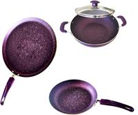Poêle à dosa, poêle à frire et poêle à crêpes en aluminium antiadhésif avec base à induction et couvercle en verre, lot de 4 - Violet