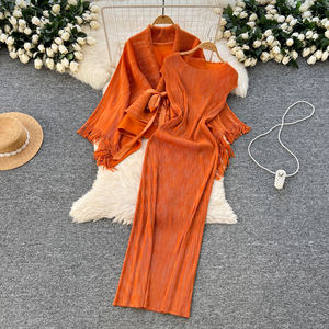 LW1121 للسيدات 2-طقم فضفاض فضفاض ببوق كم طية صدر السترة مثقاب ساخن يضغط أعلى الطيات + فستان بلا أكمام بدلة من قطعتين - Product Image 1