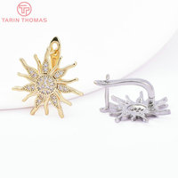 Vente en gros de fermoirs d'oreilles en laiton couleur or 18 carats avec zircon, en forme de tournesol, de haute qualité, finis, pour la fabrication de bijoux