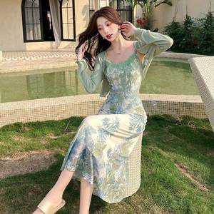 Wisteria Floral Print Slip Dress With Cardigan Set Empire Waist Strapless Long Skirt Chinese Style Spliced Evening Dress - Product Image 4