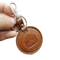 Porte-clés en cuir cousu avec logo personnalisé, étiquette ronde en relief marron, fermoir mousqueton pour cadeaux d'entreprise