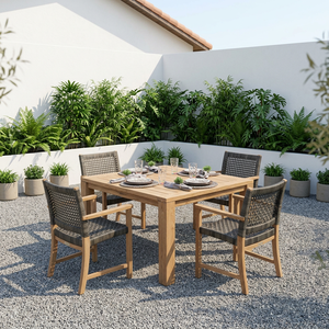 Ensemble de table à manger d'extérieur en teck moderne avec chaises tressées, meubles de patio pour villa, hôtel, complexe hôtelier - Product Image 4