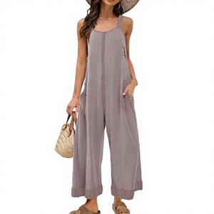 Combinaison sans manches taille haute en lin et coton pour femme, couleur unie, coupe ample, pantalon décontracté à jambes larges, respirante, pour le printemps et l'été - Product Image 3