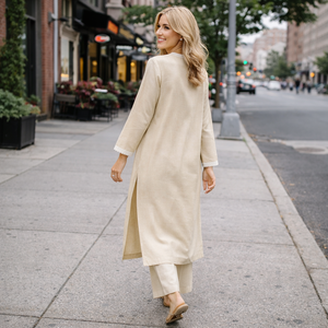 Ensemble deux pièces élégant pour <span class=keywords><strong>femme</strong></span> en <span class=keywords><strong>lin</strong></span> et coton <span class=keywords><strong>beige</strong></span>, avec col en V fendu, bordure en dentelle blanche et fente latérale, idéal pour le quotidien - Product Image 2