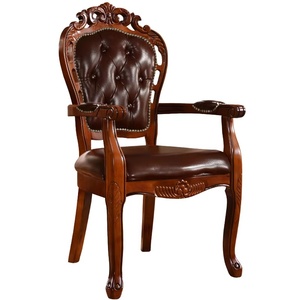 Chaise de salle à manger en cuir européen avec accoudoirs, en bois massif américain, style rétro, pour la maison, l'hôtel, le salon, avec tissu antique - Product Image 1