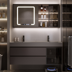 Modern Simple Square Smart Bathroom Cabinet <b>Wall</b> Mounted with LED Anti-Fog <b>Mirror</b> Gray Pool Vanity - Product Image 6