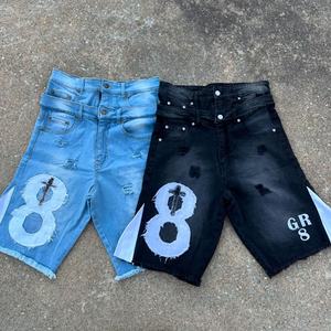 Shorts en jean décontractés Y2K pour homme, avec broderies personnalisées, style vintage délavé à l'acide, déchiré et usé, double taille, streetwear - Product Image 3