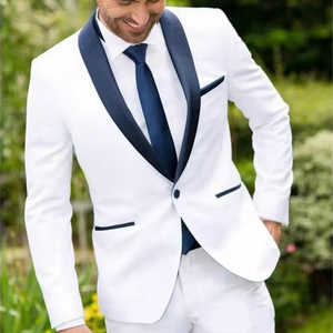 Trajes de <span class=keywords><strong>Boda</strong></span> Morili de un Botón para <span class=keywords><strong>Hombre</strong></span>, Chaqueta Blanca Entallada con Cuello Solapa en V y Cuello Azul Marino, Trajes para <span class=keywords><strong>Hombre</strong></span> MMSB50 - Product Image 1