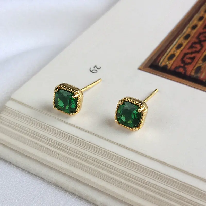 Nabest Vintage S925 Silver Fine Jewelry Geometric Emerald Stud Earrings Green Zirconia Earrings