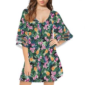 Polynesian Tribal Clothing Pineapples and Flowers Print Custom Half Sleeve Dress Shirt With Flare Sleeves Casual Dress <strong>Stores</strong> - Product Image 1