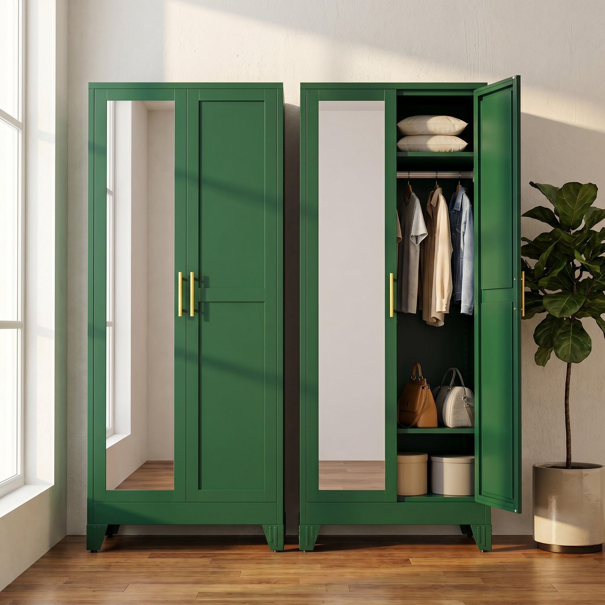 Armario Metálico Verde con Puerta de Espejo