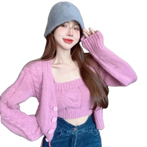 2024 Spring Women Long Sleeve Sweater <strong>Cardigan</strong> and Short Singlet Sweater <strong>Twin</strong> <strong>Set</strong> - Product Image 1