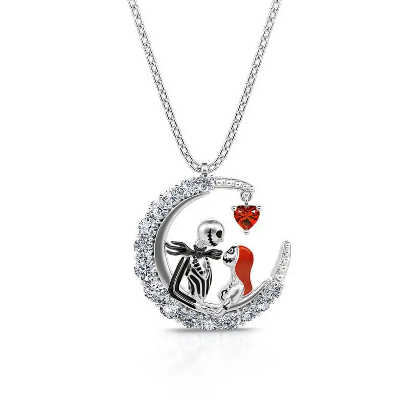 New Creative Design Halloween "Eternal Love" Skull Couple Red Heart Cut Pendant Necklaces for Women Girls Fashion Jewelry