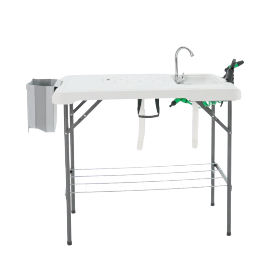Outdoor Camping Foldable Fillet Table with 2 Sinks, Folding Faucet, Sprayer, Knife, Bin, Steel Net