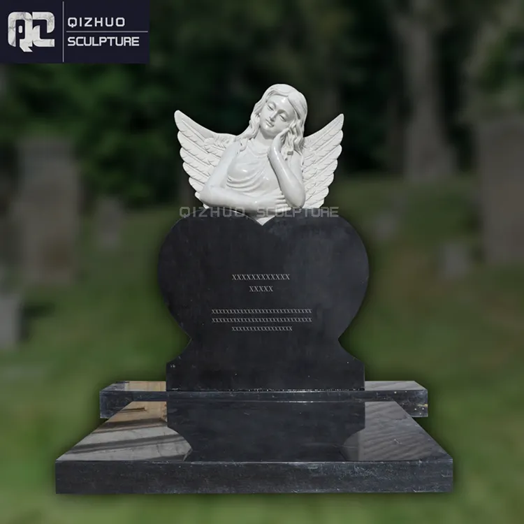 Hot Sale Beautiful Hand Carving Granite and White Marble Monument Headstones Black Heart Shape Tombstone With Angel For Sale