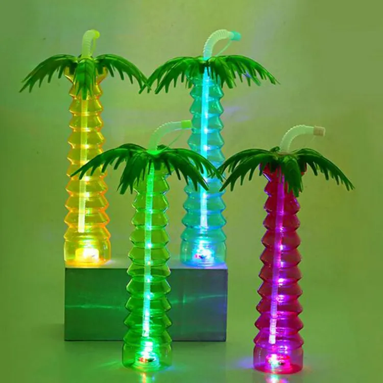 Factory direct disposable luminous palm tree cup led children's birthday party plastic led yard cup with straw