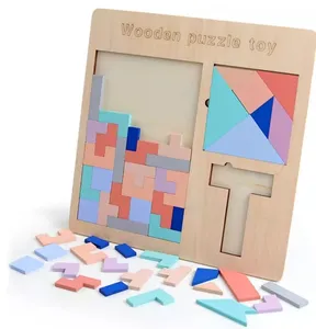 Quebra-cabeças colorido 3d, quebra-cabeça colorido de madeira com tangram, quadrado, para treinamento do cérebro