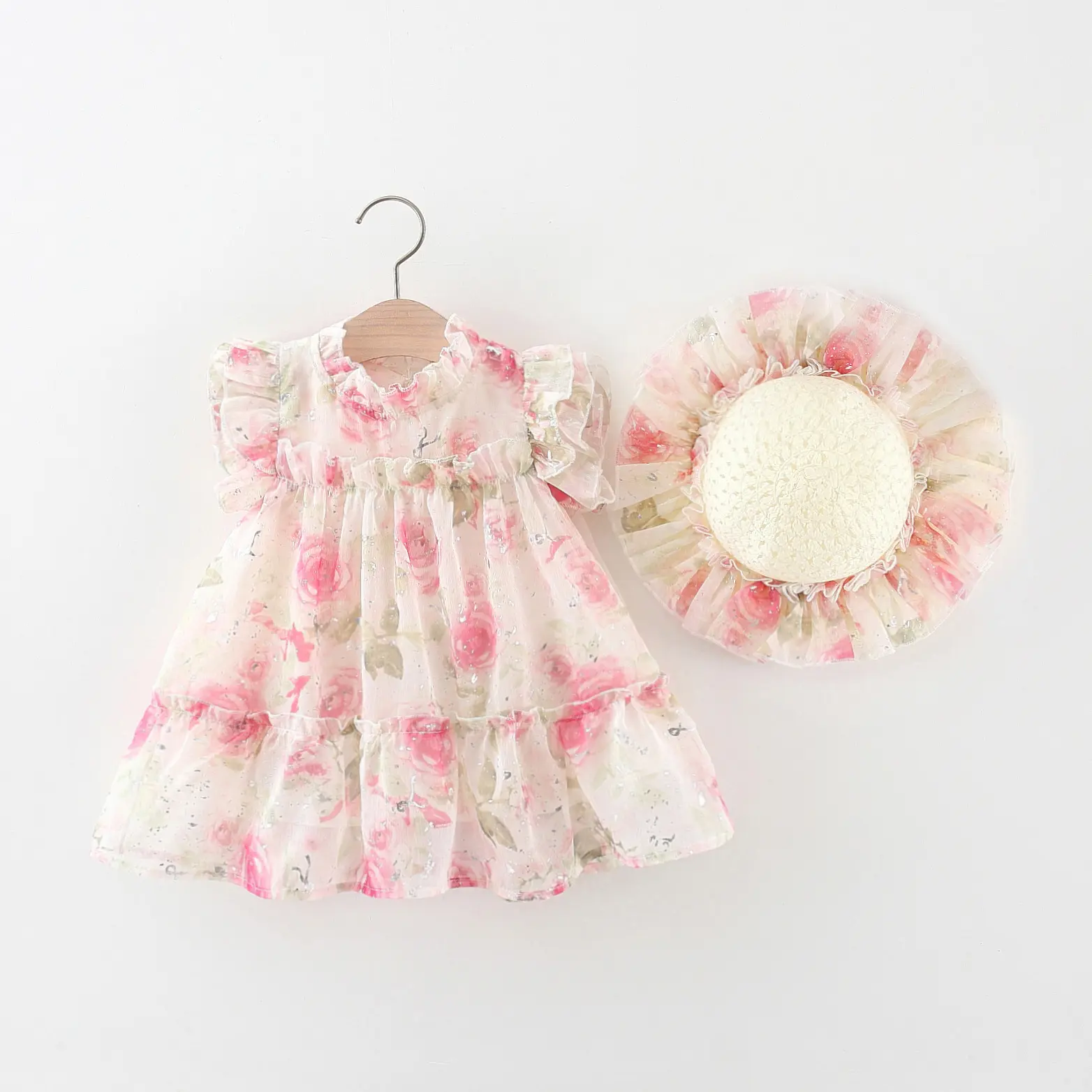 Gaun Princess lengan Terbang Ganda anak-anak, pakaian musim panas bayi perempuan payet bunga