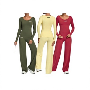 Ensemble de yoga pour femmes, manches longues, couleur unie, pantalon taille haute longueur complète, col rond, ensemble 5 pièces, vêtements de sport anti-rides, Spandex/Nylon - Product Image 2