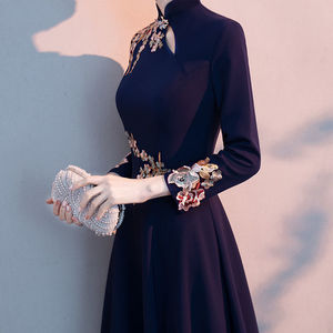 Dark Blue Modernized Cheongsam Long Dress A-Line Stand Neck Zipper Vintage Satin Evening Dress - Product Image 2