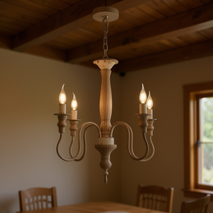 Lustre suspendu en bois à 4 lumières avec chaîne réglable, luminaire décoratif d'intérieur, idéal pour une cuisine, une salle à manger, un hall d'entrée, finition blanche - Product Image 2