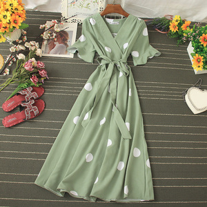 Váy hoa nữ _ Váy mùa hè boho dáng chữ A cổ xẻ tay ngắn Váy mùa hè cổ V chấm bi vintage đi biển - Product Image 5