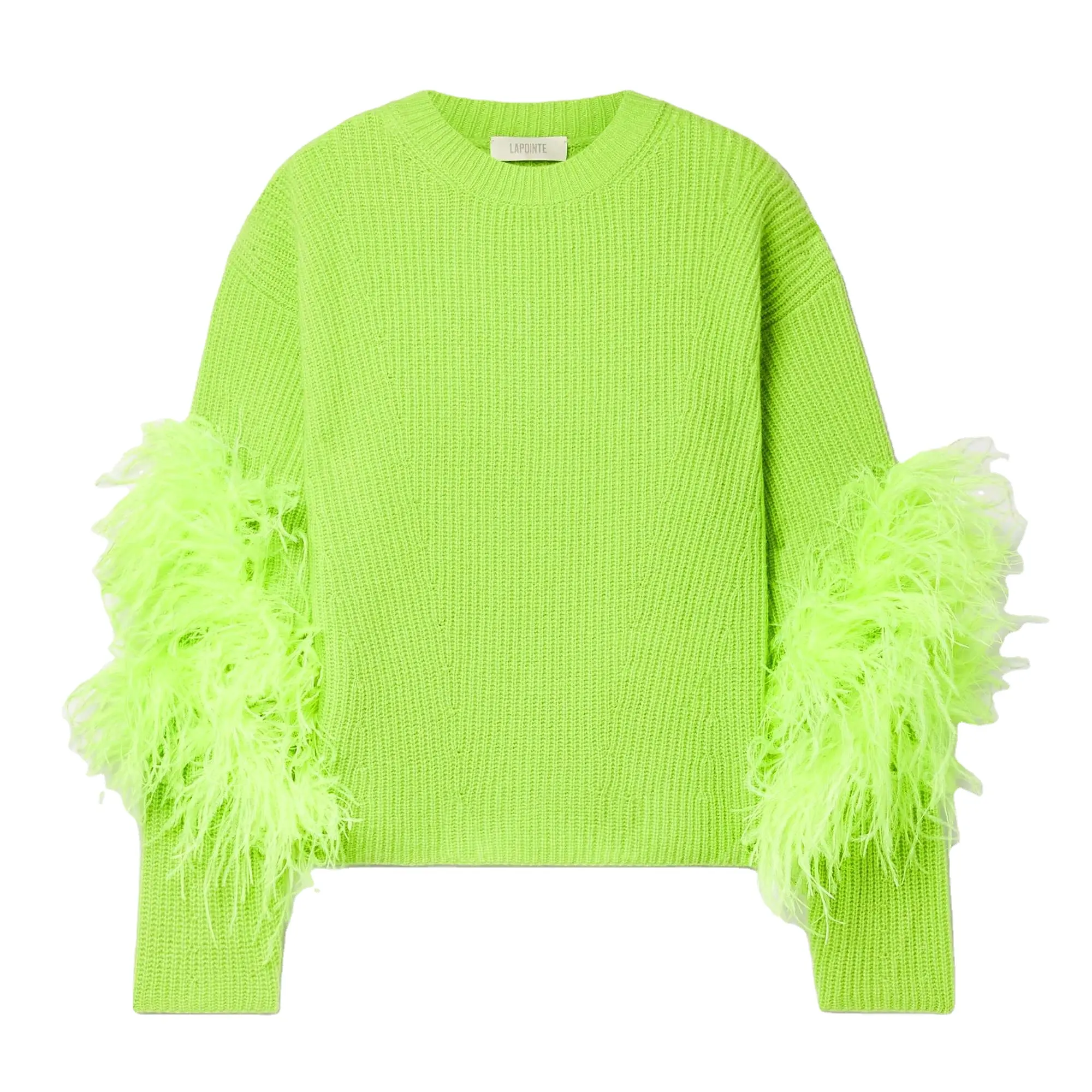 Women's Casual Crew Neck Sweater Lime Green Solid Women's Pullover Sweater With Feather On The Sleeves