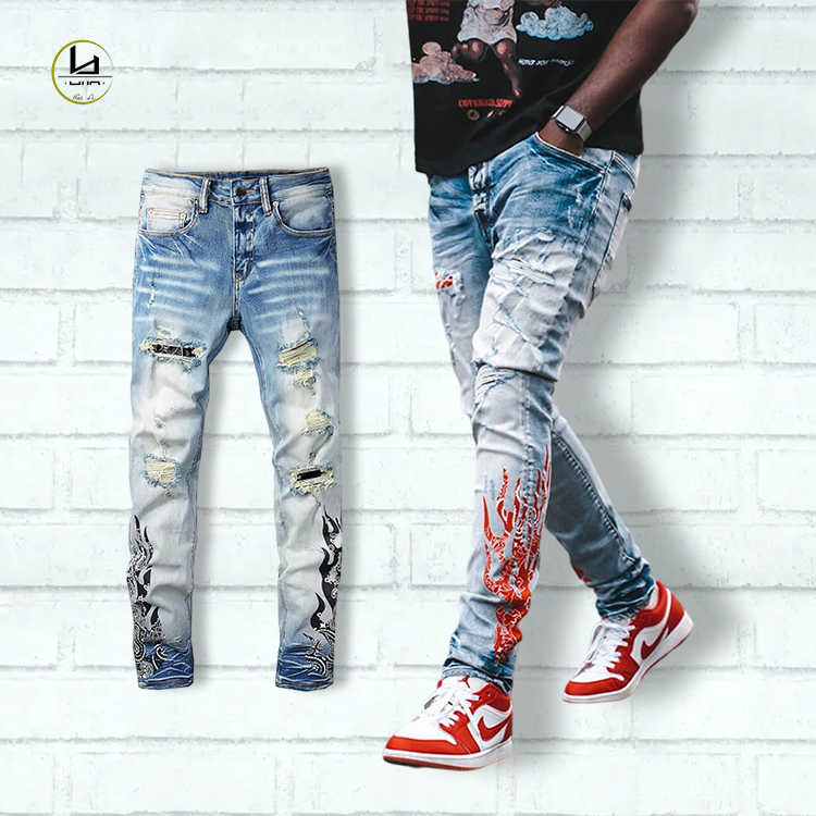 New arrivals men's streetwear clothing jeans OEM brand customized denim pants wholesale printing ripped jeans men